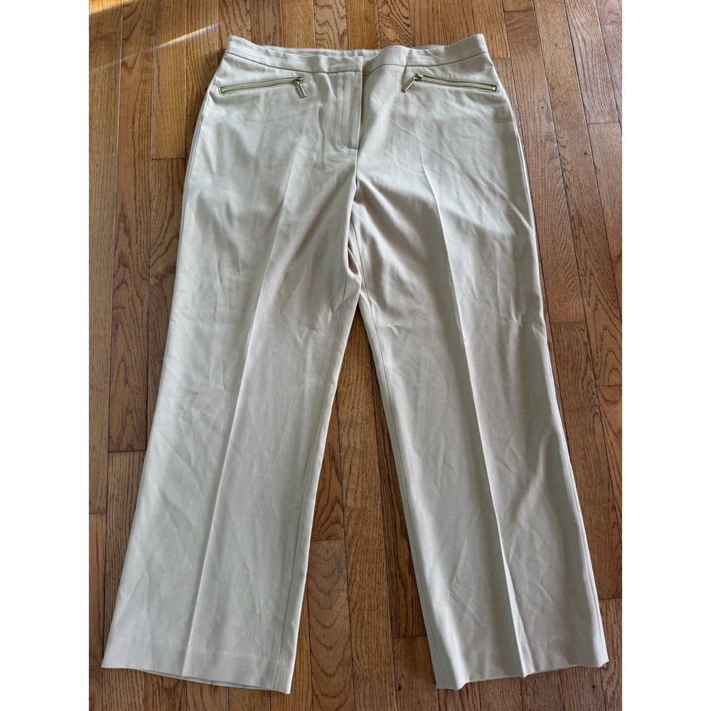 Ruby Rd Womens Mid Rise Straight Leg Trousers Gold Accent Zipper Tan 16P
